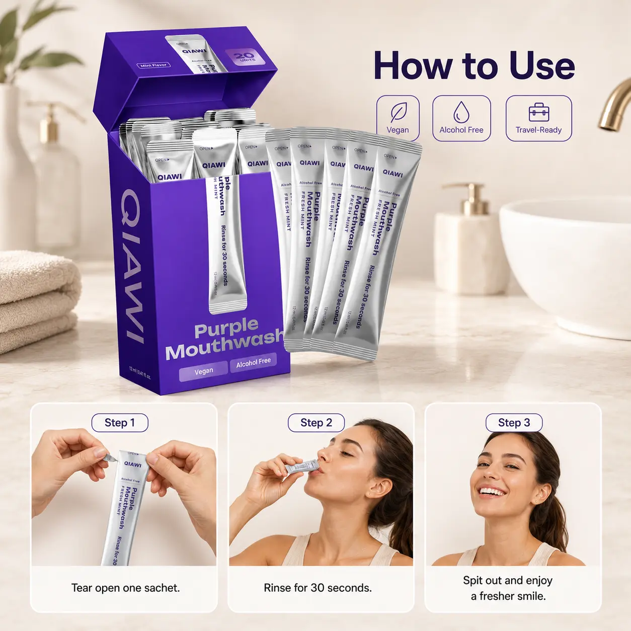 QIAWI Purple Mouthwash — Fresh Breath in 30 Seconds